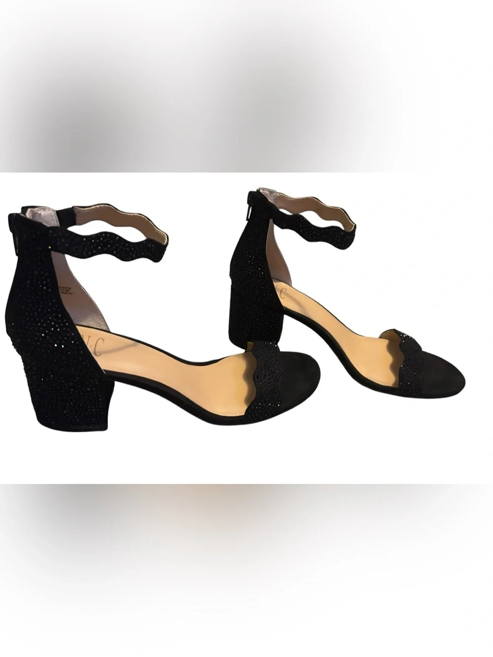INC Hadwin Crystal Block Heel Sandals Size 8 Black Rhinestone Ankle Strap Party